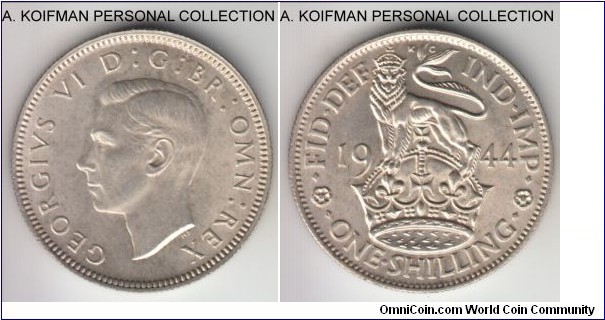 KM-853, 1944 Great Britain shilling, English crest; silver, reeded edge; bright lustrous, above average uncirculated.