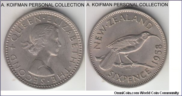 KM-26.2, 1958 New Zealand 6 pence; copper-nickel, reeded edge; nicer grade uncirculated, toned.