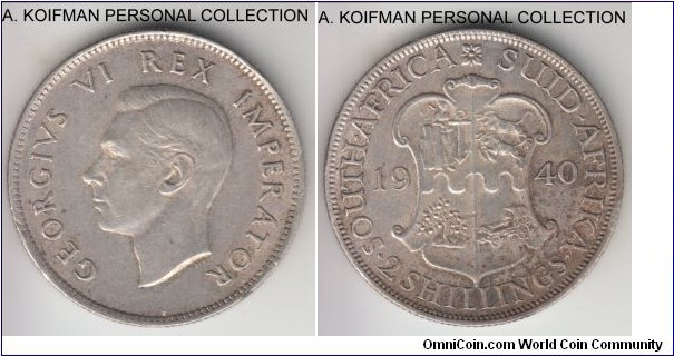 KM-29, 1940 South Africa (Dominion) 2 shillings; silver, reeded edge; wartime mintage was weakly struck, very fine or better for wear, some toning on reverse.