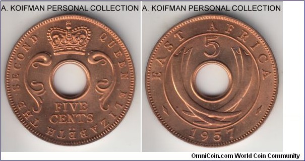 KM-37, 1957 East Africa 5 cents, Kings Norton mint (KN mint mark); bronze, plain edge; bright red uncirculated.