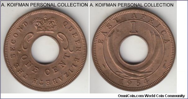 KM-35, 1954 East Africa cent, Royal mint (no mint mark); bronze, plain edge; mostly brown uncirculated.