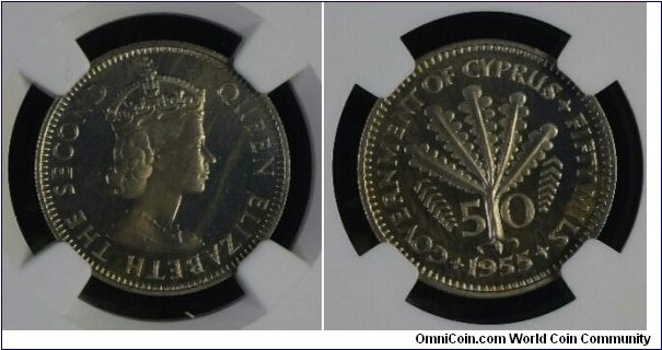 Cyprus 50 Mils 1955 KM#36 PF64 Cameo