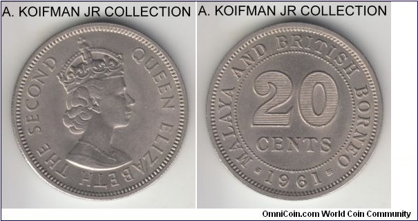 KM-3, 1961 Malaya and British Borneo 20 cents, Royal mint (no mint mark); copper-nickel, reeded edge; Elizabeth II, good uncirculated specimen, some minimal toning.