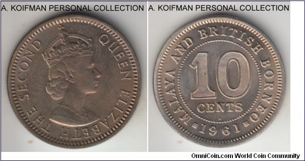 KM-2, 1961 Malaya and British Borneo 10 cents, Heaton mint (H mint mark); copper-nickel, reeded edge; decent uncirculated and last year of mintage. 