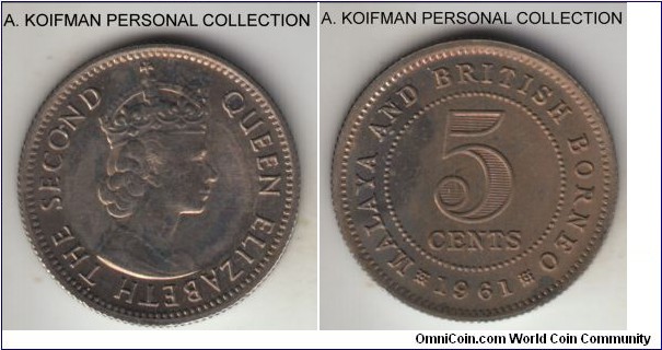 KM-1, 1961 Malaya and North Borneo 5 cents, Royal mint (no mint mark); copper-nickel, reeded edge; uncirculated, but heavier toning.