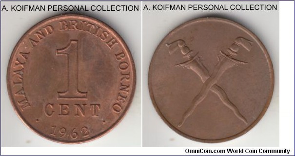KM-6, 1962 Malaya and North Borneo cent, Royal mint (no mint mark); bronze, plain edge; red brown obverse and brown reverse uncirculated.