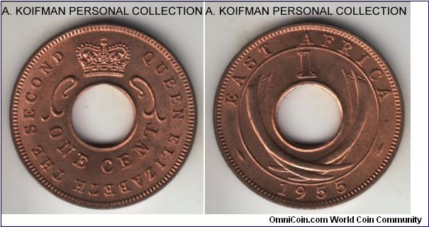 KM-35, 1955 East Africa cent, Royal mint (no mint mark); bronze, plain edge; red uncirculated with brown highlights on raised surfaces.