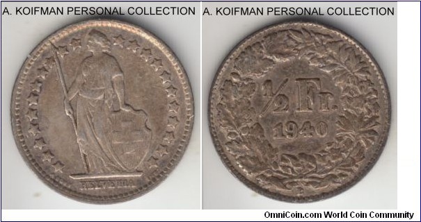 KM-23, 1940 Switzerland 1/2 franc, Berne mint (B mint mark); silver, reeded edge; darker toned extra fine or about.
