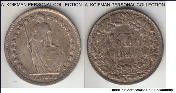 KM-23, 1940 Switzerland 1/2 franc, Berne mint (B mint mark); silver, reeded edge; darker toned extra fine or about.