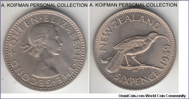 KM-26.2, 1959 New Zealand 6 pence; copper-nickel, reeded edge; nice uncirculated.