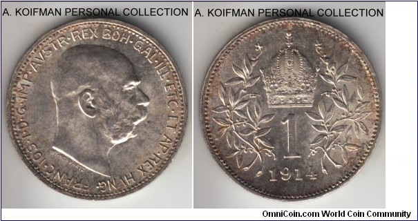 KM-2820, 1914 Austria corona; silver, lettered edge; lustrous uncirculated, common issue and year.