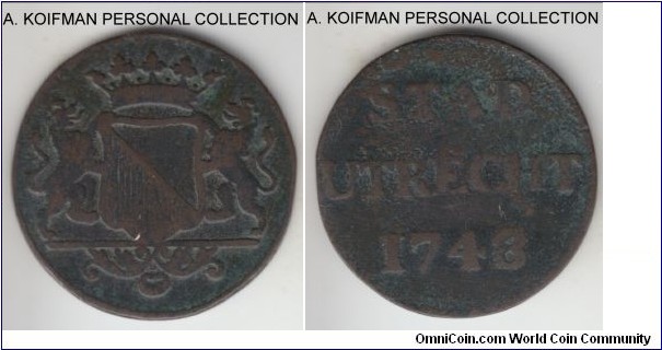 KM-91, 1748 Netherlands Utrecht duit; copper; good or about.
