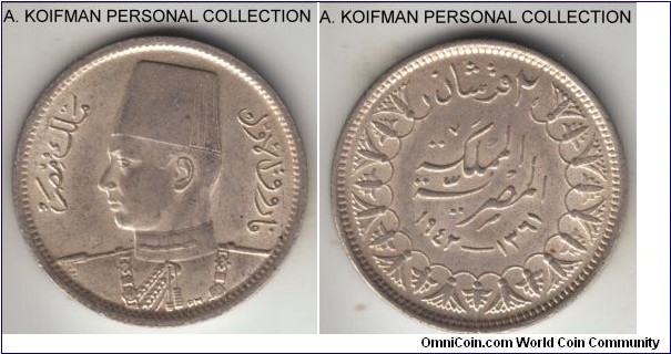 KM-365, AH1361 (1942) Egypt 2 piastres; silver, reeded edge; King Farouk, average uncirculated or about.