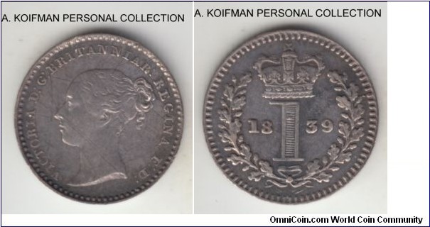 KM-727, 1839 Great Britain penny; maundy, silver, plain edge; circulated, few minor scratches, extra fine, mintage 8,976 pieces.