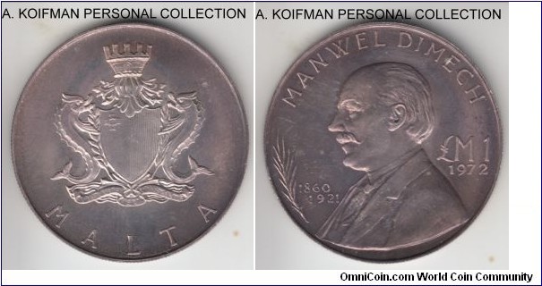 KM-13, 1972 Malta pound; silver, reeded edge; Krause mentions that it appears to be proof but is listed as BU, I agree, bluish toned proof like fields, mintage 55,000 specimen.