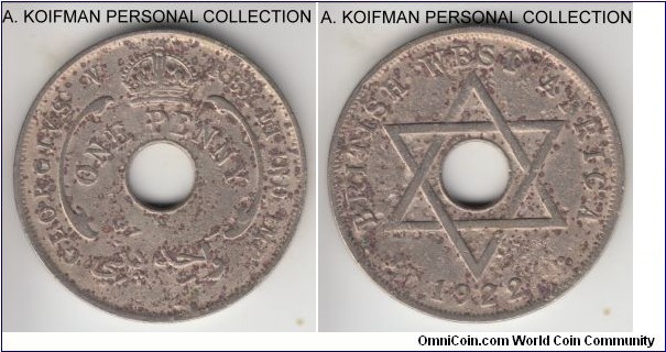 KM-9, 1922 British West Africa penny, King Norton's mint (KN mint mark); copper-nickel, plain edge; corroded and cleaned, but rare.