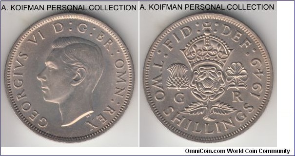 KM-878, 1949 Great Britain 2 shillings (florin); copper-nickel, reeded edge; decent average uncirculated, they are not very common in high grades.