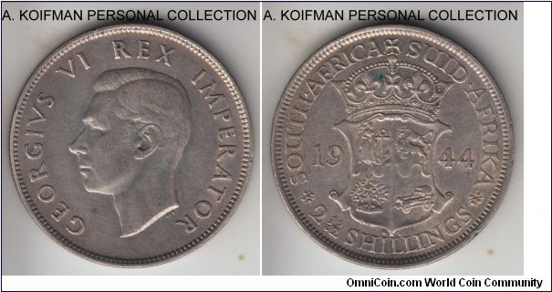 KM-30, 1944 South Africa (Dominion) 2 1/2 shillings; silver, reeded edge; avergae very fine to good very fine, minted in relatively large quantities.