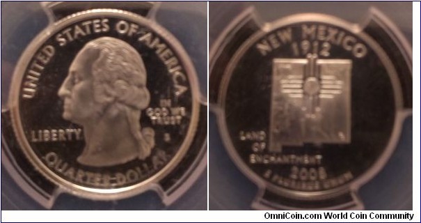 2008 Unites States 25 cents (quarter); proof; silver, reeded edge; State quarter series for New mexico, PCGS graded PR69DCAM.