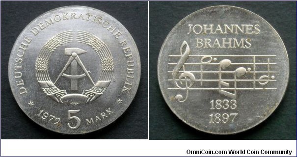 German Democratic Republic (East Germany) 5 mark.
1972, Johannes Brahms.