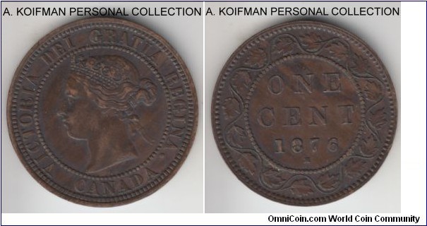 KM-7, 1876 Canada cent, Heaton mint (H mint mark); bronze, plain edge; brown extra fine or almost.