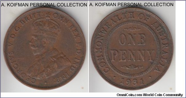 KM-23, 1931 Australia penny, Melbourne mint (no mint mark); bronze, plain edge; good very fine to about extra fine, scarcest penny by mintage, only 494,000 minted, this is a dropped 1, London obverse die variety.