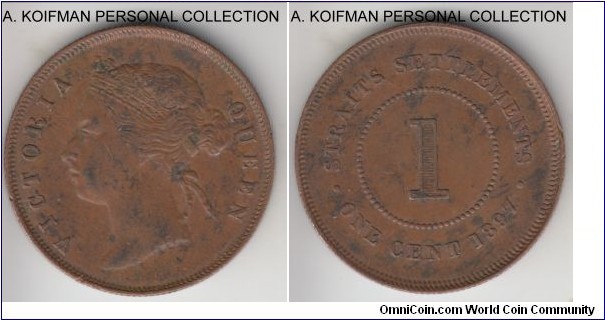 KM-16, 1897 Straits Settlements cent; bronze, reeded edge; a bit dirty and stained but definite good very fine.