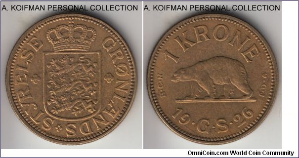 KM-8, 1926 Greenland krone; aluminum-bronze, reeded edge; appear to be extra fine or about.
