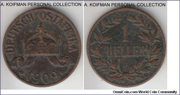 KM-7, 1909 German East Africa heller, Hamburg mint (J mint mark; bronze, plain edge; scarcest year and mint for the heller, very fine details, corroded.
