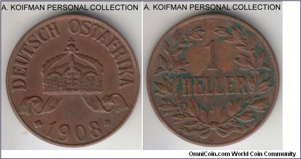 KM-7, 1908 German East Africa heller, Hamburg mint (J mint mark); bronze, plain edge; extra fine, obverse is really nice but reverse has some grime.
