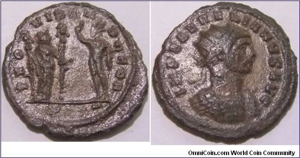 274-275Ad. Aurelian, Antoninianus. IMP C AVRELIANVS AVG, radiate, cuirassed bust right PROVIDEN DEOR. Fides standing right, holding two ensigns, facing Sol, radiate, standing left, holding globe, Ticinum mint