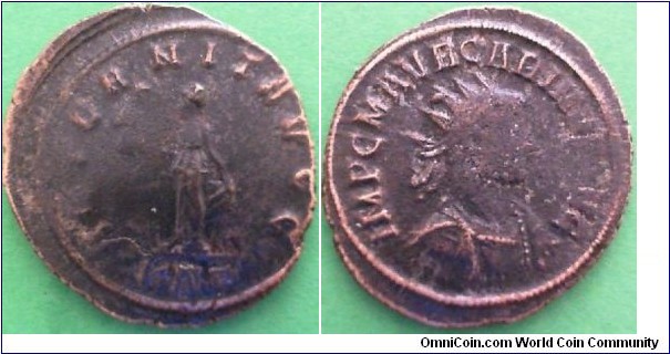 284-5Ad. Carinus, Antoninianus. IMP C M AVR CARINVS AVG, radiate, draped and cuirassed bust right. AETERNIT AVGG, Aeternitas standing left holding phoenix on globe and raising hem of robe. Mintmark KAΓ=Cyzicus.