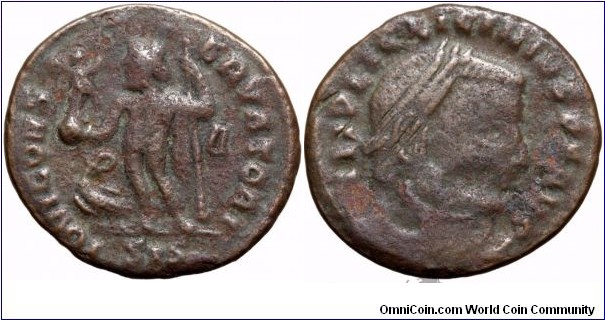 316Ad. Licinius I, Follis. IMP LIC LICINIVS PF AVG, Laureate head right, IOVI CON-SERVATORI, Jupiter standing left, chlamys across left shoulder, holding Victory on globe and sceptre, eagle with wreath at foot  