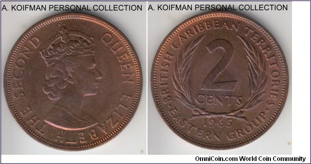 KM-3, 1965 British Caribbean Territories (East Caribbean) 2 cents; bronze, plain edge; bluish toning on this red brown uncirculated specimen.