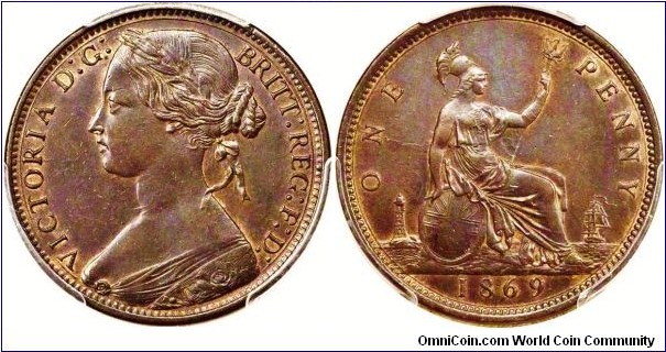 1869 Penny. Graded AU58 with lustre.