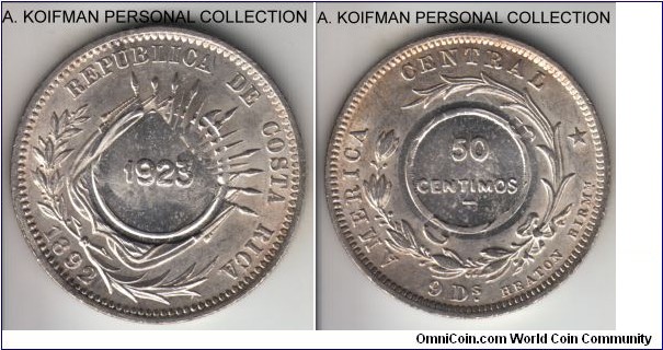KM-159, 1923 Costa Rica 50 centimos counterstamped over 1892 Heaton 25 centavos; silver, reeded edge; commonly occuring, still nice lustrous brilliant uncirculated both host and the counter stamp.