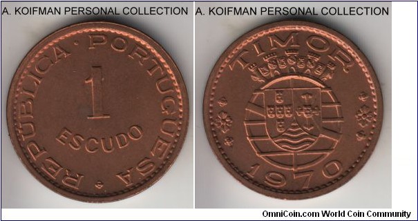 KM-19, 1970 Portuguese Timor escudo; bronze, plain edge; red uncirculated.