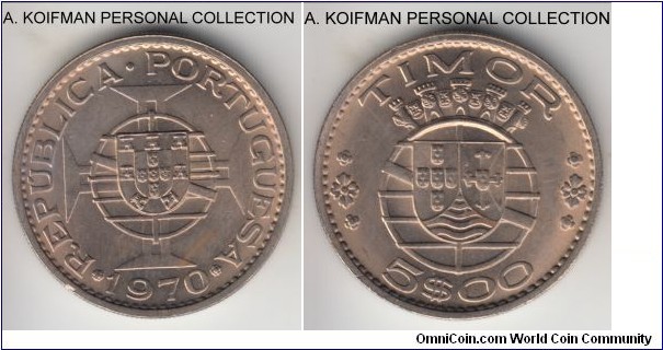 KM-21, 1970 Portuguese Timor 5 escudos; copper-nickel, reeded edge; uncirculated, luster and some toning in places.