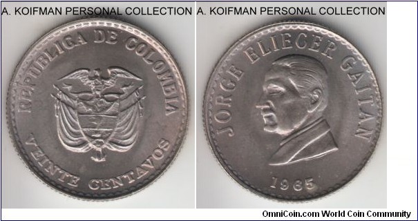 KM-224, 1965 Colombia 20 centavos; copper-nickel, reeded edge; one year issue, bright uncirculated.
