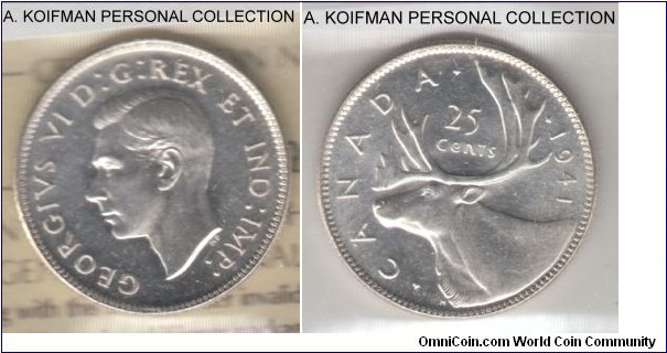 KM-35, 1941 Canada 25 cents; silver, reeded edge; nice white uncirculated, not sure why ICCS graded it MS-60 only, it appear much better.