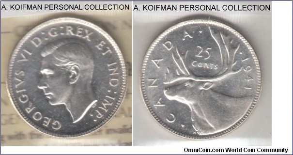 KM-35, 1941 Canada 25 cents; silver, reeded edge; nice white uncirculated, not sure why ICCS graded it MS-60 only, it appear much better.