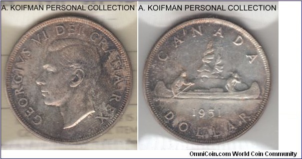 KM-46, 1951 Canada dollar; silver, reeded edge; toned uncirculated, mottled toning, ICCS graded MS 63.
