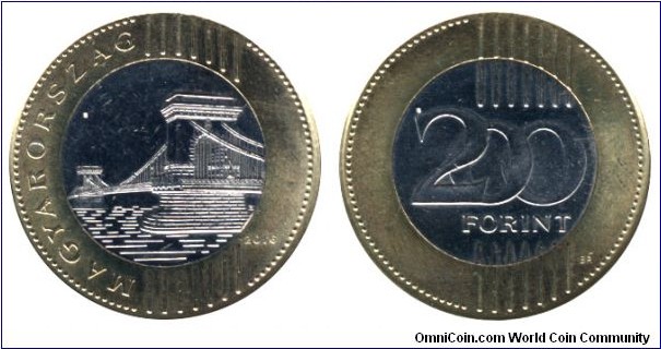 Hungary, 200 forint, Cu-Zn-Ni-Cu-Ni, 28.3mm, 9g, Bi-metallic, Chain bridge, new title: Magyarország (Hungary).