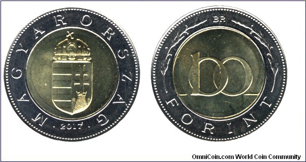Hungary, 100 forint, 2017, bi-metallic, Hungarian Coat of Arms, new title: Magyarország (Hungary).