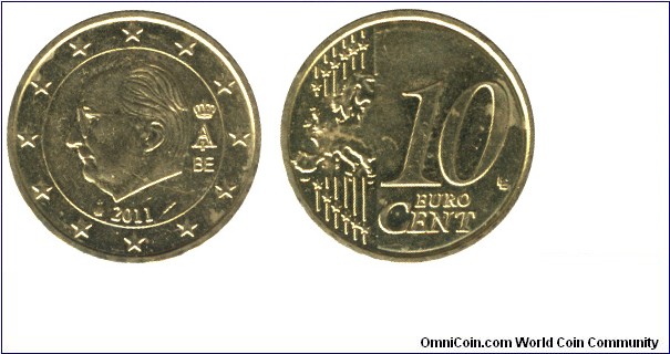 Belgium, 10 cents, 2011, Cu-Al-Zn-Sn, 19.75mm, 4.1g, King Albert II, new map of Europe.