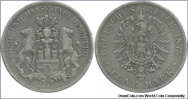Deutsches Reich-Hamburg 5 Mark 1875J