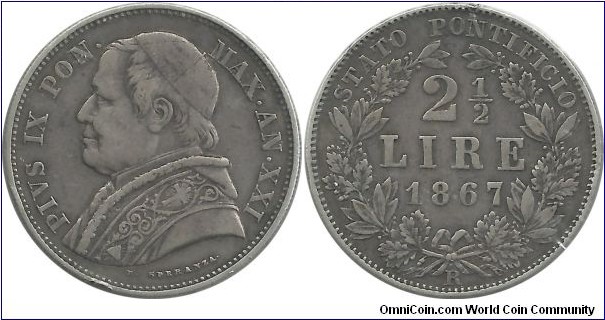 PapalState 2½ Lire 1867-XXI-R