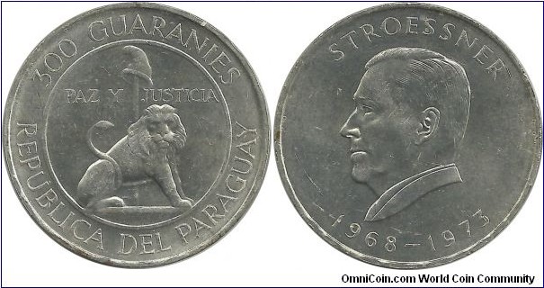 Paraguay 300 Guaranies 1968 - 4th Term of President Stroessner (26,60 g/ .720 Ag)