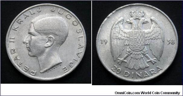 Yugoslavia 20 dinara.
1938, Peter II King of Yugoslavia. Ag 750.