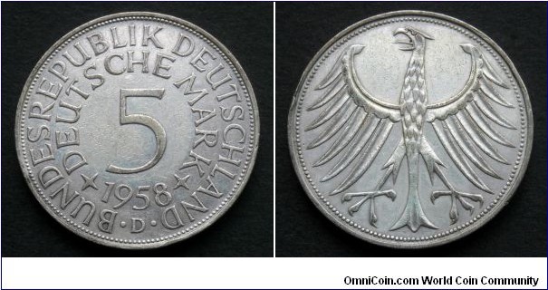 German Federal Republic (West Germany) 5 mark.
1958, Mintmark 
